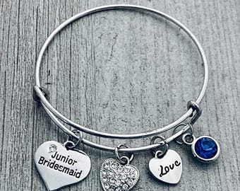 Personalized Junior Bridesmaid w/ Birthstone Charm Bracelet, Jr. Bridesmaid Jewelry, Junior Bridesmaid Proposal Gift, Wedding Party Gift
