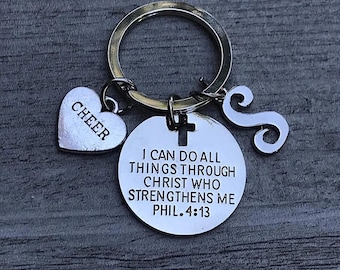 Inspirational Cheerleading Keychain with Bible Verse Philippians 4:13 Cross Charm and Initial Gift for Girls Teens Women