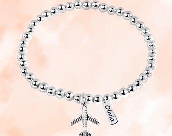 Personalized Airplane Beaded Bracelet with Engraving Tag Charm, Airplane Gift, Adjustable Jewelry, Custom Airplane Accessories for Girls