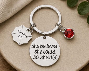Personalized Firefighter Keychain for Women, She Believed She Could So She Did Keychain, Custom Firefighter Encouragement Gift