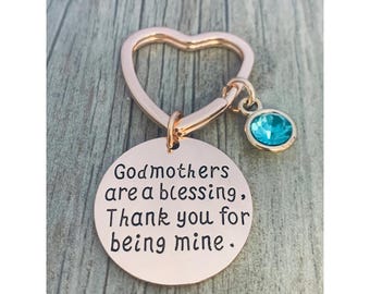 Personalized Rose Gold Godmother Keychain with Birthstone, Gift for Godmother, Godmother Jewelry, Women's Baptism Gift, Godparent Gift