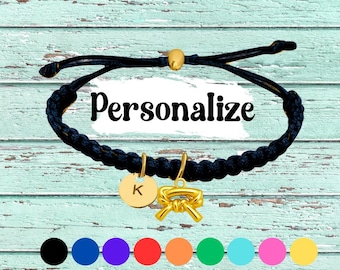 Personalized Gold Martial Arts Bracelet with Initial Disc and Karate Belt Charm, Handmade Adjustable Macrame Gift for Students Coaches Fans
