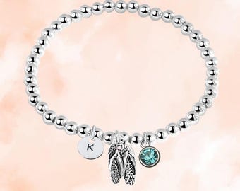 Flip Flops Beaded Bracelet with Birthstone & Initial Letter Charm, Personalized Flip Flops Jewelry Gift, Custom Beach Accessories for Girls