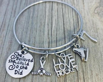 Personalized Hockey Bangle Bracelet w/Number Charm, She Believed She Could Hockey Jewelry, Ice Hockey Player Gift