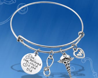 Personalized Nurse Bangle She Believed She Could So She Did, Custom Stethoscope Birthstone Charm, Nurse Graduation Gift, Nurse Jewelry