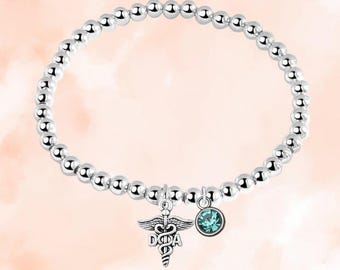 Dental Assistant Beaded Bracelet with Birthstone Charm, Personalized DA Adjustable Jewelry Gift, Custom DA Accessories for Girls