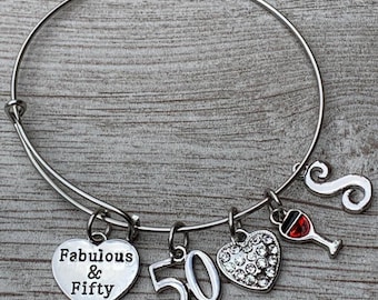 Personalized Fabulous and 50th Birthday Wine Glass Initial Bangle Bracelet, 50th Birthday Gifts for Women, Fabulous and 50th Heart Bangle