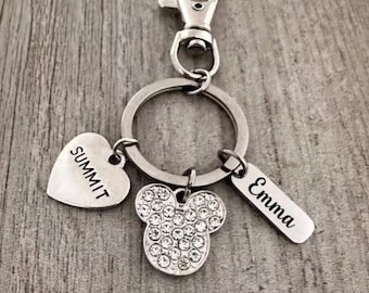 Personalized Cheer Keychain with Name Charm 2026 Summit Worlds or Cheer Heart and Rhinestone Mickey Charm Gift for Cheerleaders
