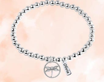 Personalized Dragonfly Beaded Bracelet with Engraving Tag Charm, Dragonfly Gift, Adjustable Jewelry, Custom Dragonfly Accessories for Girls
