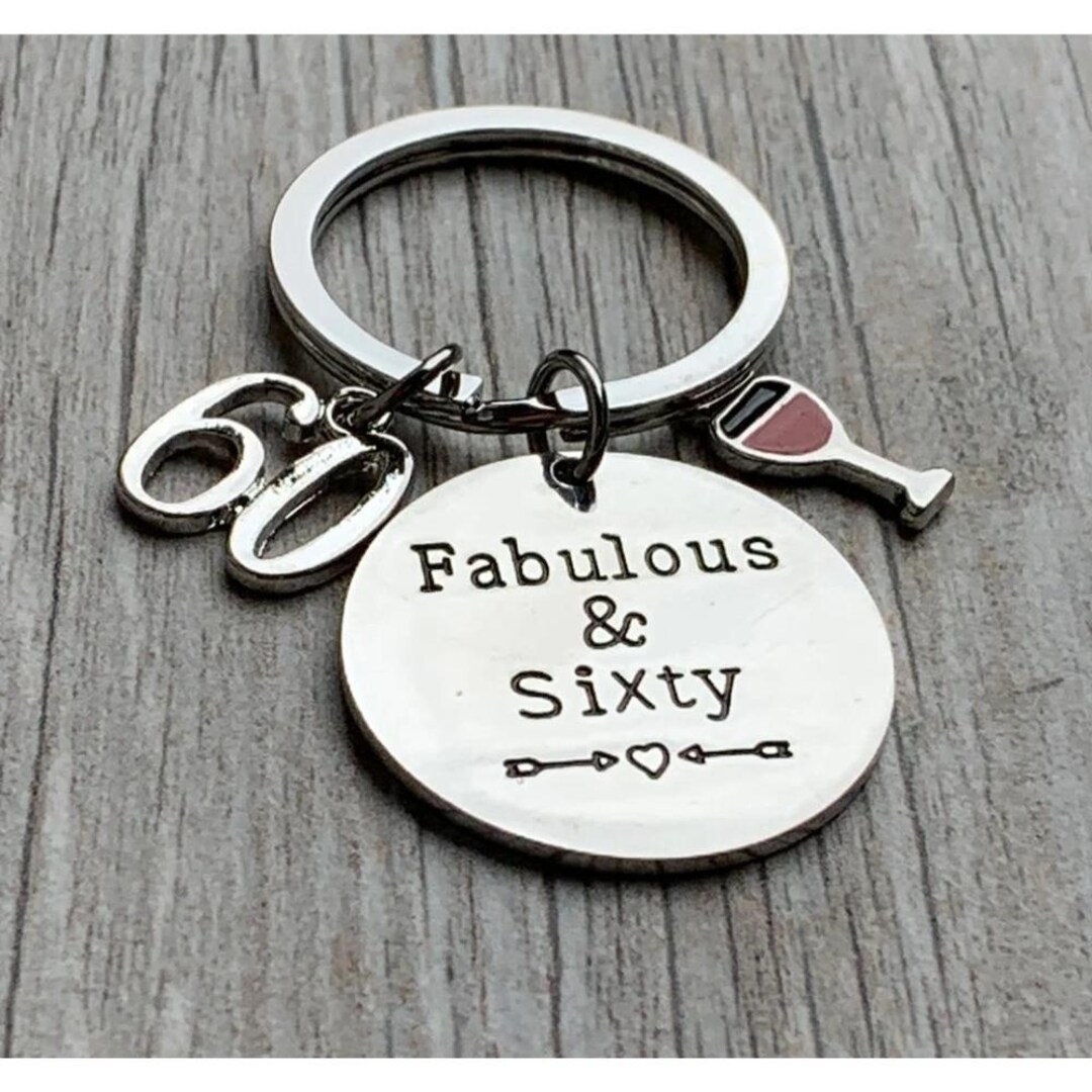 60th Key 60th Birthday Charm Keychain With Wine Charm, 60th Birthday Gifts for ...