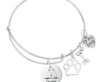 Samoyed Gifts ,Personalized Charm Bracelet Custom Name Engraved  Dog Bangle, Memorial Keepsake for Dog Mom, Dog Lover Gifts