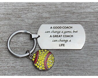 Softball Coach Keychain Gift, A Great Coach Can Change a Life, Silver Softball Jewelry, End of Season Softball Thank You Gift for Coaches