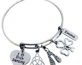 Personalized Irish Dance Bracelet, Girls Irish Step Dance Gift, Dance Recital Gift, Irish Dancer, Irish Dancing, Celtic, Engraved Name Charm