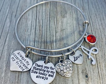 Personalized Sister or Friend Bangle Bracelet with Birthstone and Initial Charm – Always My Sister Forever My Friend Jewelry Gift