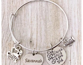 Personalized Cheer Bangle Bracelet with Engraved Name Charm- Custom She Believed She Could So She Did Cheer Jewelry For Cheerleader, Gift
