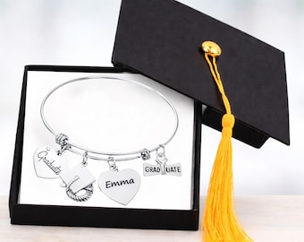 Personalized Graduation Bracelet for Her, Custom Name Bangle with Charms, Graduate Jewelry Gift, High School or College Graduation Keepsake