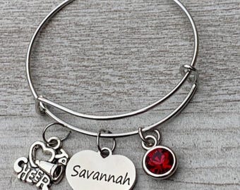 Personalized Cheer Bangle Bracelet with Engraved Name Charm- Birthstone Bracelet, Girls Custom Love to Cheer Jewelry For Cheerleader Gift