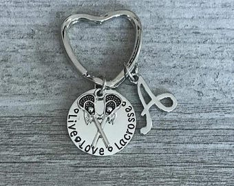 Personalized Lacrosse Keychain with Initial Charm and Live Love Lacrosse Pendant Gift for Girls Women Players Teams Coaches