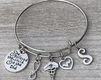 Personalized Nurse Charm Bangle Bracelet, She Believed She Could Bracelet, Customized Nursing Jewelry, Nurse Appreciation Gift for Women