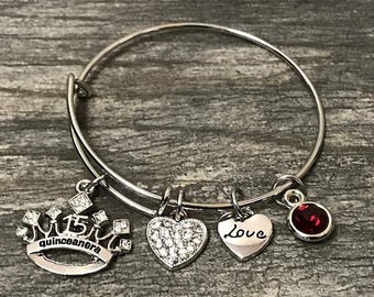 Personalized Quinceanera Birthstone Bracelet, Quinceanera Gift, 15 Birthday, Custom Quinceanera Jewelry, 15th birthday, Charm Bracelet,