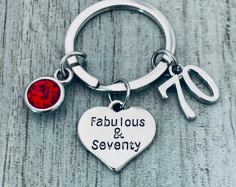 Personalized 70th Birthday Keychain with Birthstone Charm, Fabulous and Seventy Key ring. 70th Birthday Gifts for Women, 70th Bday Gifts