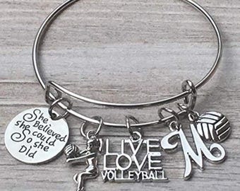 Personalized Volleyball Bangle Bracelet with Letter Charm – She Believed She Could So She Did – Adjustable Sports Jewelry Gift