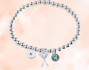 Rowing Oar Beaded Bracelet with Birthstone & Initial Letter Charm, Personalized Rowing Oar Jewelry Gift, Custom Accessories for Girls