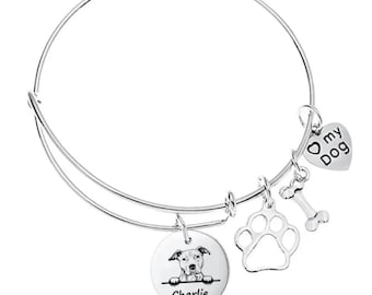 American Pitbull Terrier Gifts ,Personalized Charm Bracelet Custom Name Engraved  Dog Bangle, Memorial Keepsake for Dog Mom, Dog Lover Gifts