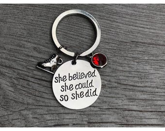 Personalized Figure Skating She Believed She Could Keychain with Birthstone Charm, Custom Figure Skate Jewelry, Ice Skating Gift Ideas