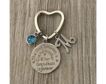 Personalized Grandma Keychain,  Love Between Grandmother and Grandkids is Forever, Grandma Jewelry, Gift for Grandma, Birthstone keychain