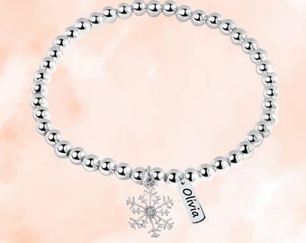 Personalized Snowflake Beaded Bracelet with Engraving Tag Charm, Snowflake Gift, Adjustable Jewelry, Custom Snowflake Accessories for Girls