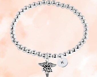 Personalized Physician Assistant Beaded Bracelet with Initial Letter Charm, PA Gift, Custom PA Accessories for Healthcare Professionals