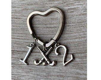 Personalized Field Hockey Keychain w/ Number Charm, Girls Custom Field Hockey Charm Keychain, Field Hockey Stick Jewelry