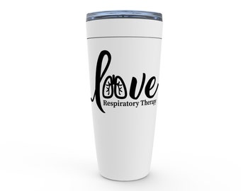 Puede incluir: Taza de viaje blanca con un diseño negro que dice "love" con una imagen estilizada de pulmones y el texto "Respiratory Therapy".