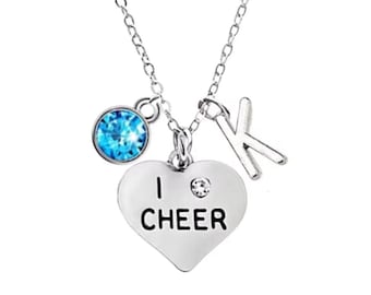 Personalized Cheer Birthstone and Letter Charm Necklace, Cheerleading Jewelry, Cheer Gift, Cheerleader Pendant, Love to Cheer Charm, Cheer