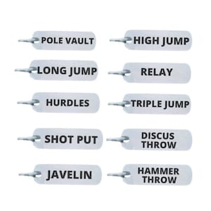 May include: Ten silver tags with black text listing different track and field events: Pole Vault, High Jump, Long Jump, Relay, Hurdles, Triple Jump, Shot Put, Discus Throw, Javelin, Hammer Throw.