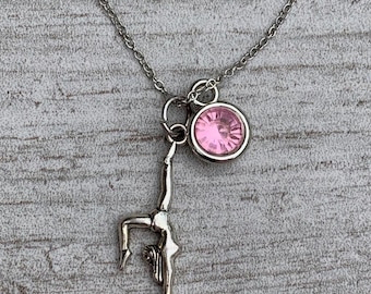 Personalized Gymnast Necklace with Birthstone Charm – Custom Gymnastics Jewelry Gift for Girls, Teams, or Coaches