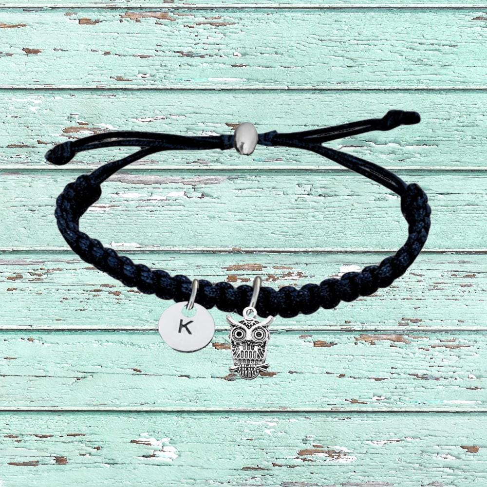 Personalized Owl Gift, Engraved Initial Letter Owl Adjustable Rope Bracelet, Owl Jewelry, Owl Lover 