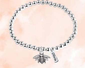 Personalized Bee Beaded Bracelet with Engraving Tag Charm, Bee Gift, Adjustable Jewelry, Custom Bee Accessories for Girls
