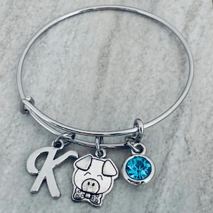 Personalized Pig Bracelet, Silver Pig Jewelry, Pig Gifts, Initial Bracelet, Birthstone Charm, Pig Themed Gifts,  Farm Animal, Piggy, Piglet
