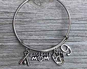 Personalized Baseball Mom Bracelet With Jersey Number Charm Custom Baseball Jewelry For Moms Adjustable Bangle Perfect Baseball Mom Gift