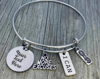 Personalized Fitness Bracelet, Weightloss Tracker, Workout Gifts, Weight Loss Tracker for Women, I Can Workout, No Excuses, Dumbbell Charm