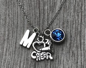 Custom Cheerleader Necklace with Birthstone and Initial Charm – Personalized Cheer Jewelry Gift for Girls and Cheer Teams