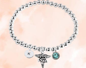 Physician Assistant Beaded Bracelet with Birthstone & Initial Letter Charm, Personalized PA Jewelry Gift, Custom PA Accessories for Girls