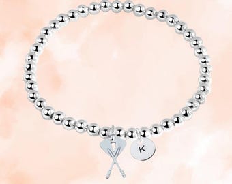 Personalized Rowing Oar Beaded Bracelet with Initial Letter Charm, Rowing Oar Gift, Adjustable Jewelry, Custom Accessories for Girls