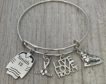 Personalized Engraved Hockey Bangle Bracelet, Girls Hockey Jewelry, Ice Hockey Player Gift, Live Love Hockey Stick Charm Bangle