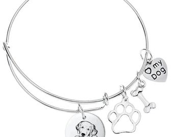 Golden Retriever Gifts ,Personalized Charm Bracelet Custom Name Engraved  Dog Bangle, Memorial Keepsake for Dog Mom, Dog Lover Gifts