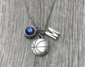 Girls Basketball Necklace, Personalized Basketball Letter Charm Birthstone Jewelry, Basketball Gift, Sports Necklace, Basketball Necklace