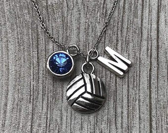 Personalized Girls Volleyball Necklace w/ Birthstone & Letter Charm, Personalized Volleyball Jewelry, Initial Necklace, Custom Necklace