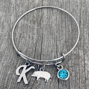 Personalized Pig Bracelet, Silver Pig Jewelry, Pig Gifts, Initial Bracelet, Birthstone Charm, Pig Themed Gifts,  Farm Animal, Piggy, Piglet